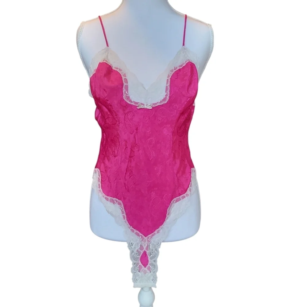 Vintage Delicates Satin Pink Paisley Lace Trim Bodysuit
